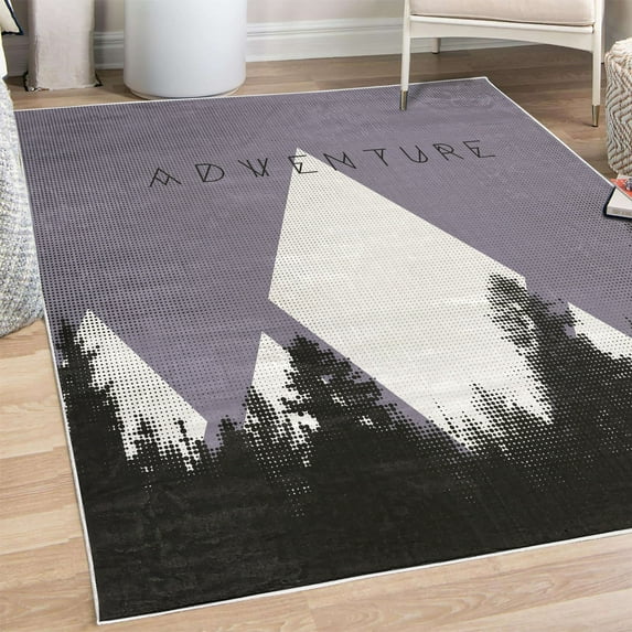 Adventure Decorative Rug, Forest Halftone Effect Hipster Typography Camping in Mountains, Quality Carpet for Bedroom Dorm and Living Room, 6 Sizes, Pale Eggplant, by Ambesonne