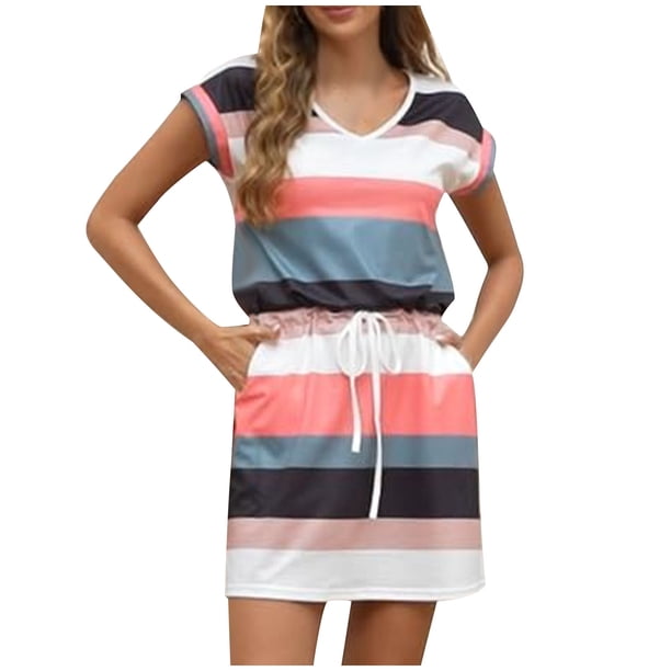 Vestido de Manga Corta para las Mujeres Cuello en V Dibujar Cuerda Elástica Cintura Bolsillo Suéter Poliéster, Vestido Casual de Color Sólido para Verano Primavera Diario