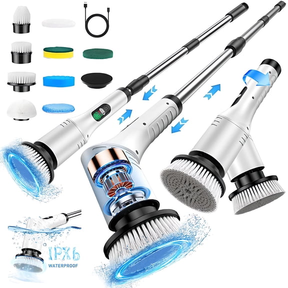 STARBIAO Electric Spin Scrubber with Adjustable Head, No Bending Bathroom Cleaner, Cordless Power Scrubber with Long Handle, 9 Brush Heads, 2 Speeds, Waterproof for Tub Tile Floor Shower