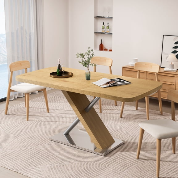 47.25''-63'' Expandable Dining Table for 4-6, Retractable MDF Top & X-Shaped Steel Base, Easy Assembly Kitchen Table in Natural Finish with Modern Design
