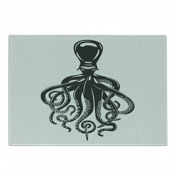 Octopus Cutting Board, Animal Contemporary Design Nautical Aquatic Character Illustration, Decorative Tempered Glass Cutting and Serving Board, Small Size, Charcoal Grey White, by Ambesonne