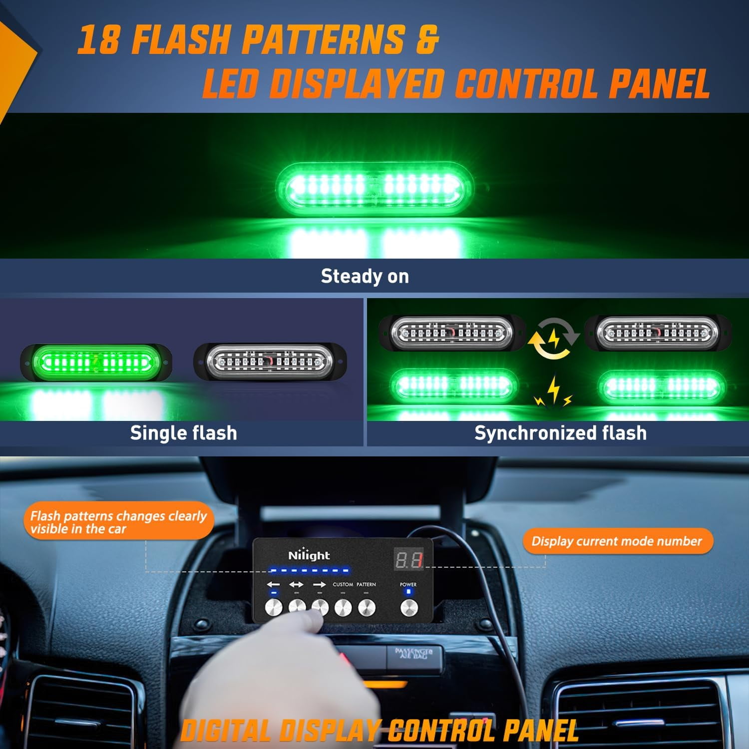 Nilight 8PCS Led Strobe Lights with Controller 12V 24V Sync Feature Green Strobe Light 12 LED Surface MountWarning Lights with Strobe Controller for Vehicle Car Truck RV ATV