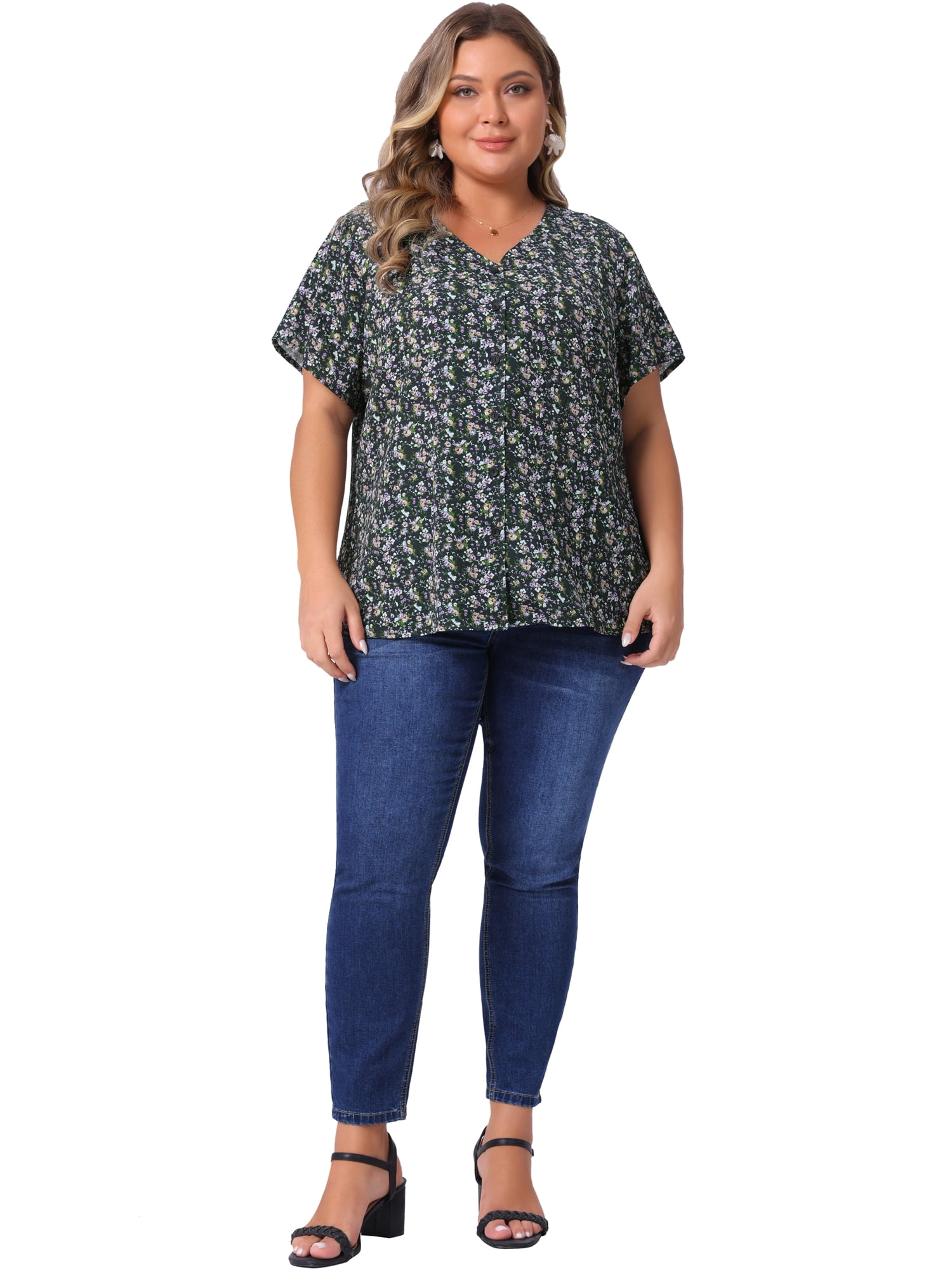Unique Bargains Women's Plus Size V Neck Button Short Sleeve Floral Shirts 2X Black Purple