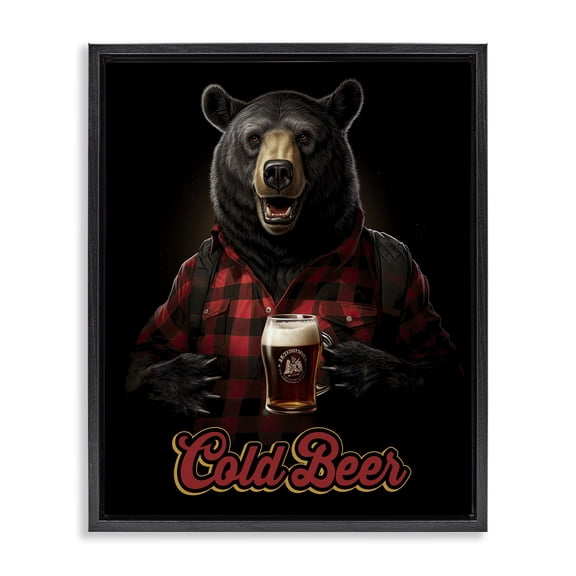 Stupell Industries Farmhouse Bear with Cold Beer Black Floating Frame Canvas Art, 17 x 21, by Jim Baldwin