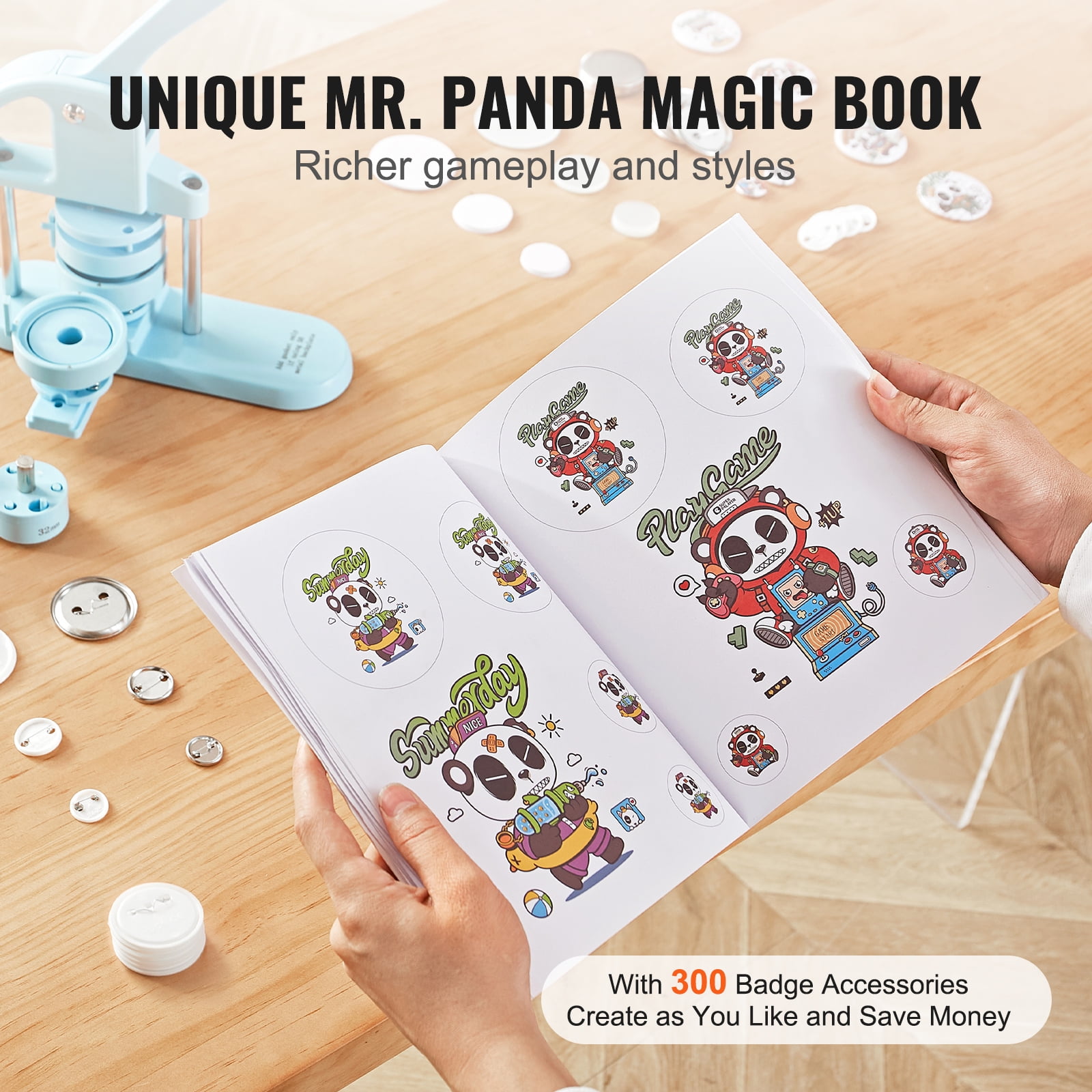 KFFKFF 3-IN-1 Button Maker, Multiple Sizes 1" +1.25" +2.28" (25/32/58mm) Badge Button Press Machine with 300pcs Button Parts, Button Maker Machine with Panda Magic Book, Ergonomic Arc Handle Punch