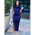 thumbnail image 4 of Women'S Satin High Slit Maxi Dress - Elegant Mock Neck Cap Sleeve Formal Attire Blue XXL, 4 of 8