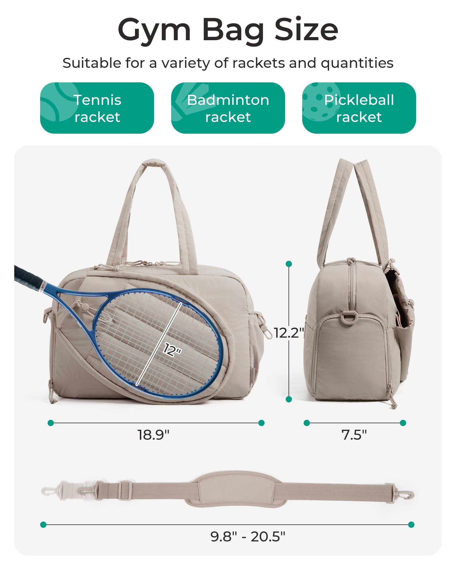 BAGSMART Tennis Gym Bag for Women, Tennis Bag Holds 2 Rackets with Shoe Compartment & Wet Pocket, Sports Duffle Bags fits up to 15.6" Laptop, Women Overnight Weekend Bag,Camel