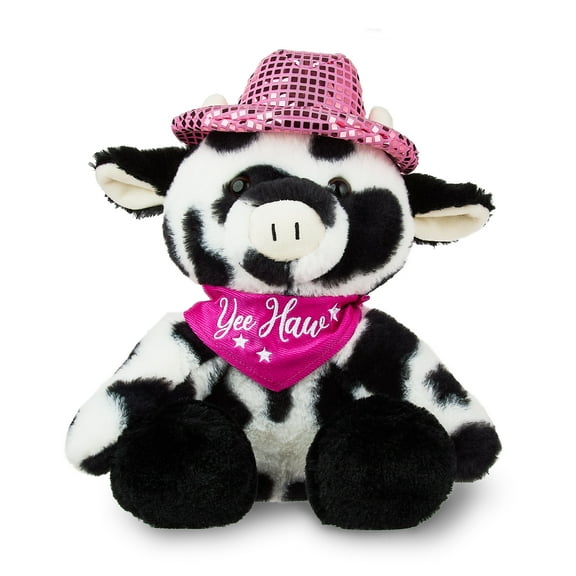 Cow Plush Toy with Bandana and Disco Cowboy Hat, Black/White, 12", by Way To Celebrate