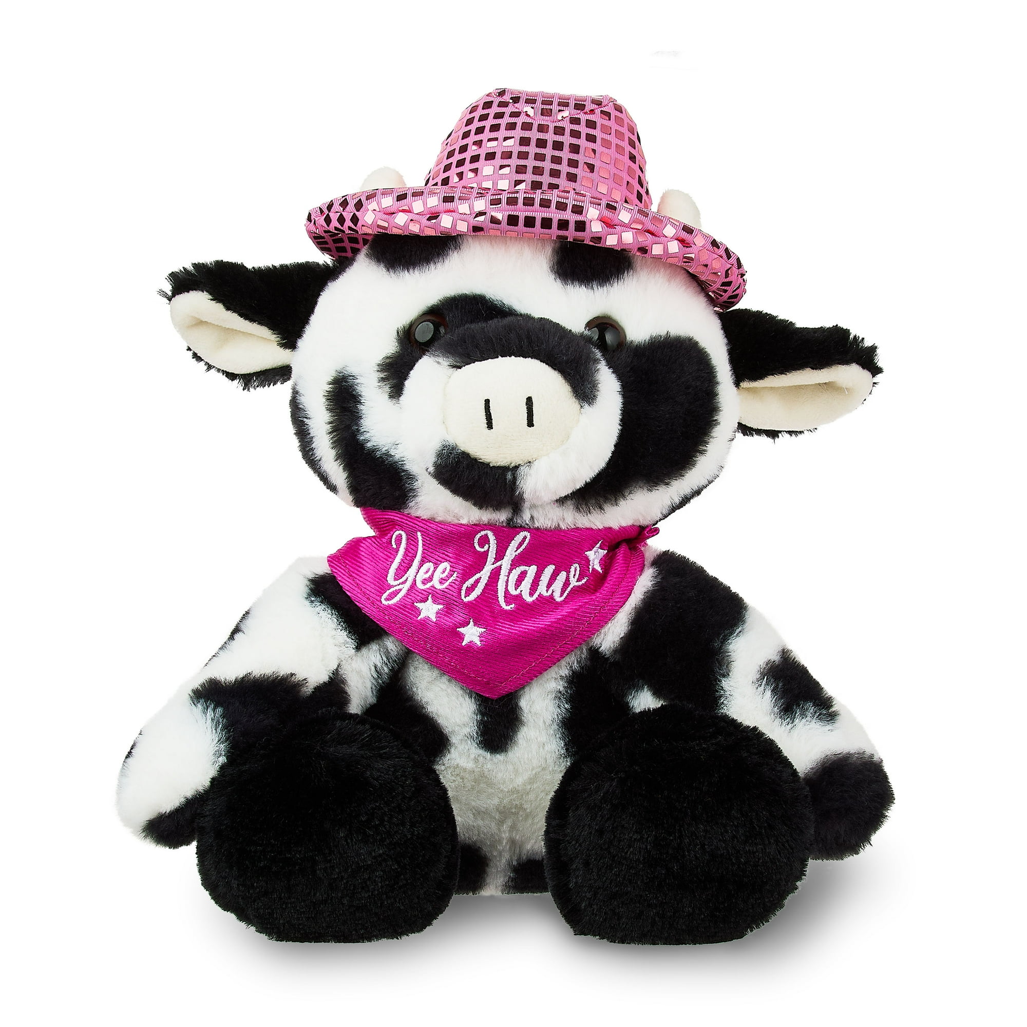 Way To Celebrate Cow Plush Toy with Bandana and Disco Cowboy Hat, Black and White, 12 in