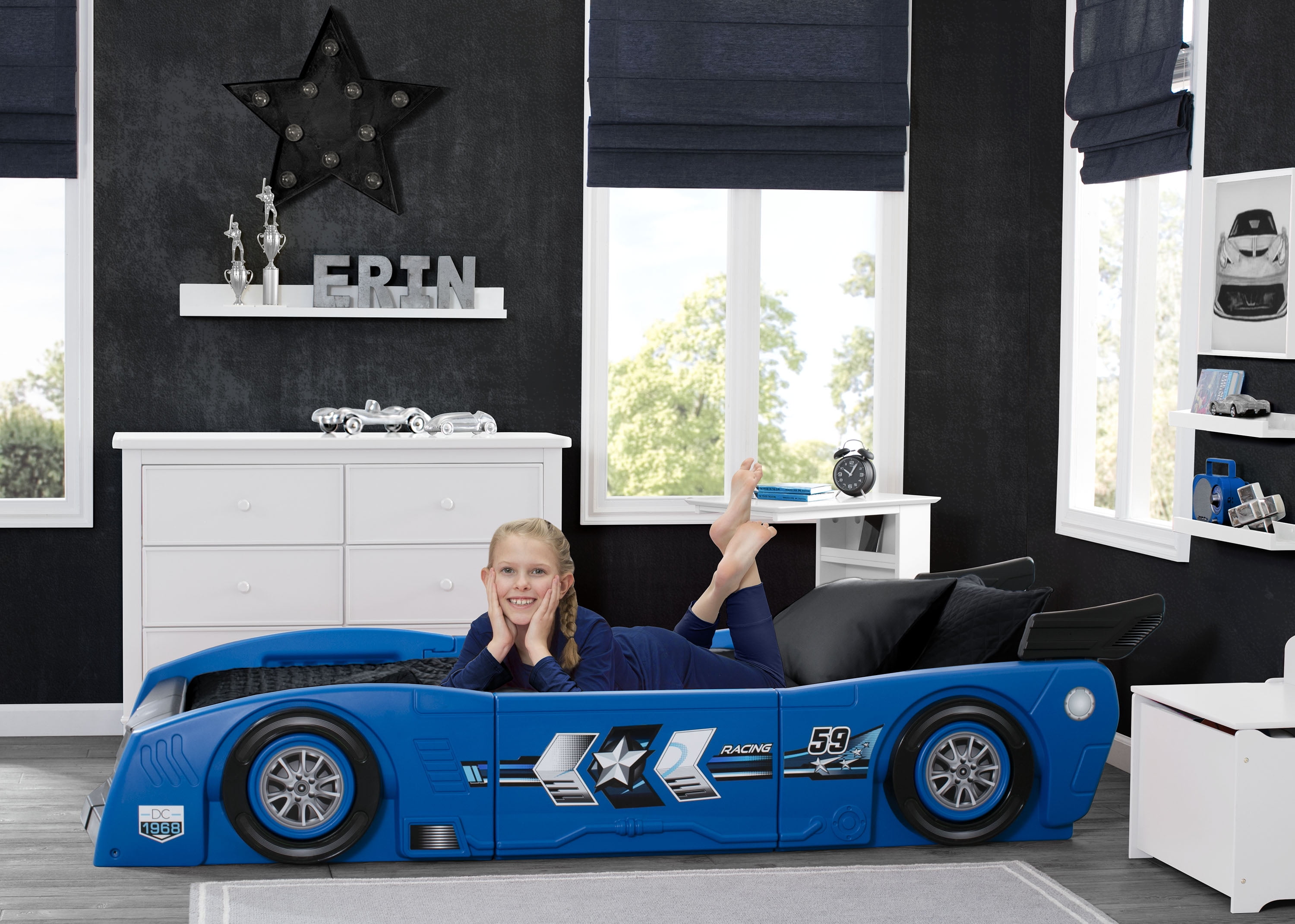 Delta Children Grand Prix Kids Plastic Toddler Bed, Twin, Blue