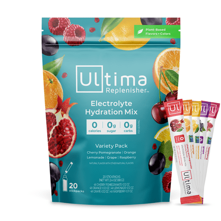 Ultima Replenisher Electrolyte Hydration Mix, Variety Pack, 20 Count Pouch Stickpacks - Sugar Free, 0 Calories, 0 Carbs - Gluten-Free, Keto, Non-GMO, Vegan -Magnesium, Potassium, Calcium, Sodium