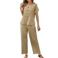 thumbnail image 2 of Zynoxe 2 Piece Sets for Women Going Out Trendy V Neck Button Down Top Elastic Waist Lace Pants Suit Soft Breathable Cotton Linen Womens Lounge Set Casual Loose Solid Color Summer Outfits S, 2 of 10