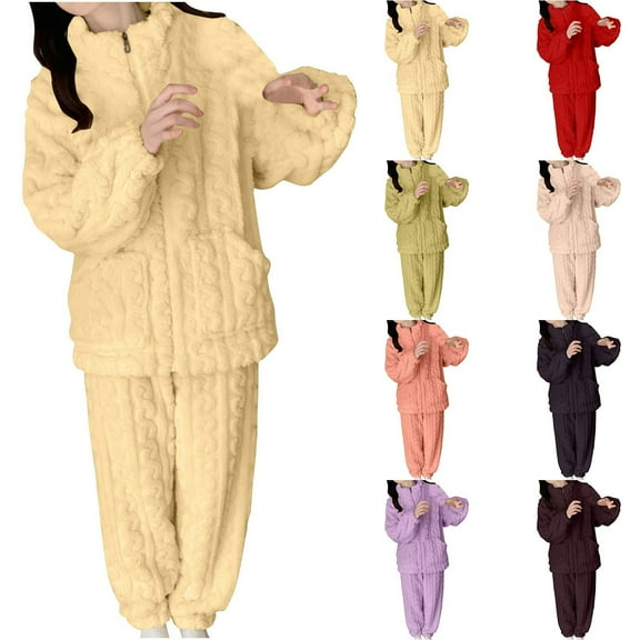 Sriper Fleece Pajama Sets for Women 2 Piece Winter Fuzzy Homewear Outfits Zip Up Long Sleeve Thermal Sleepwear Tops Soild Color Warm Nightwear Textured Elastic Waist Long Pants Ladies Loungewear