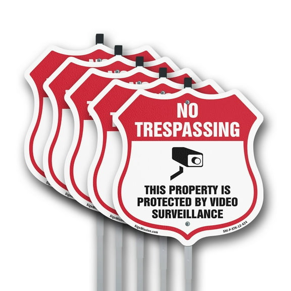 No Trespassing Shield Sign This Property Is Protected By Video Surveillance (5 Pack) 12 inch X 12 inch Shield Shaped Rust-Free Aluminum Metal Signs with Aluminum Mounting Stakes Weather