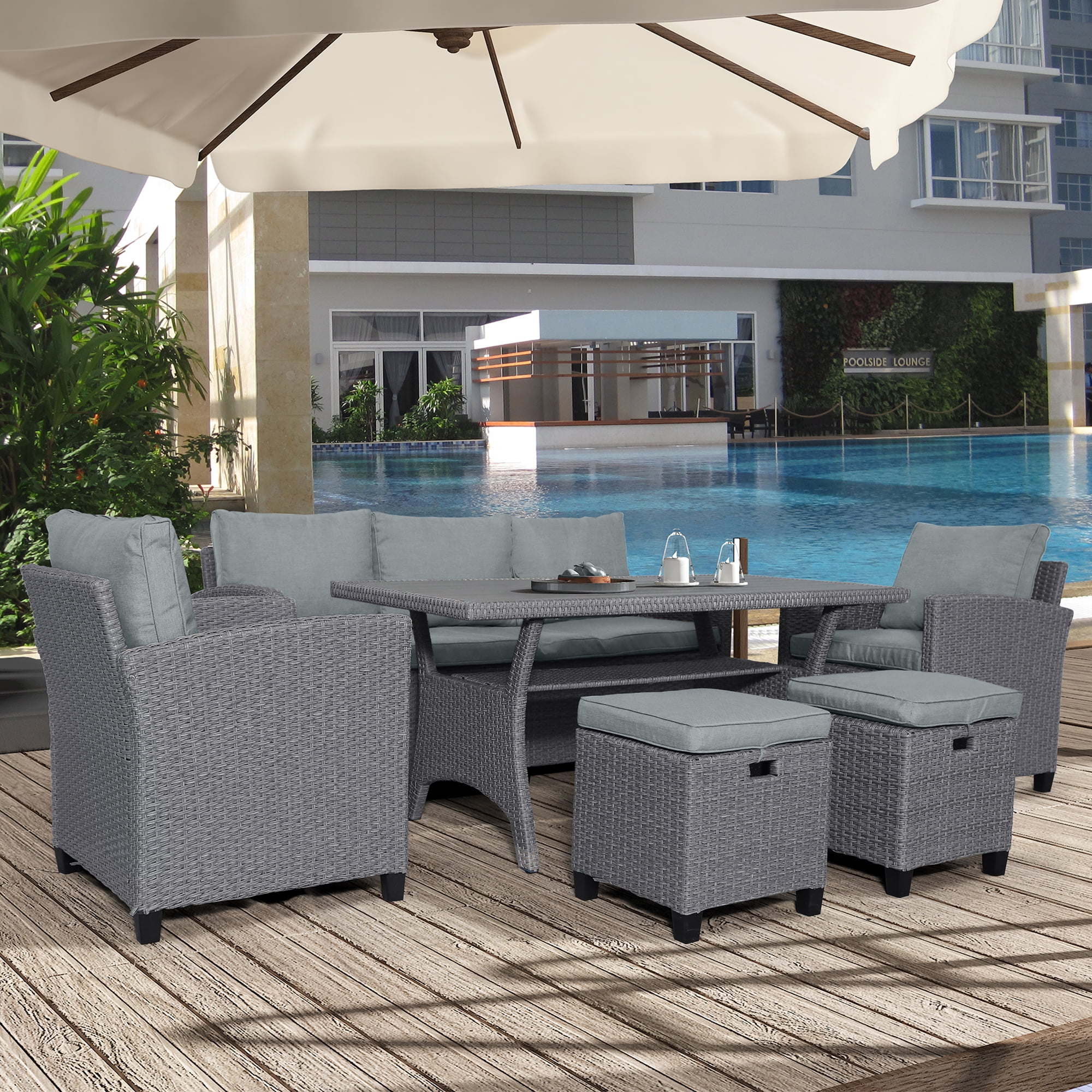Harper & Bright Designs 6 Pieces Wicker Outdoor Patio Furniture Set with 3-Seater Sofa, 2 Armchairs, Coffee Table & Stools, All-Weather Rattan Conversation Lounge Set for Backyard Garden, Gray