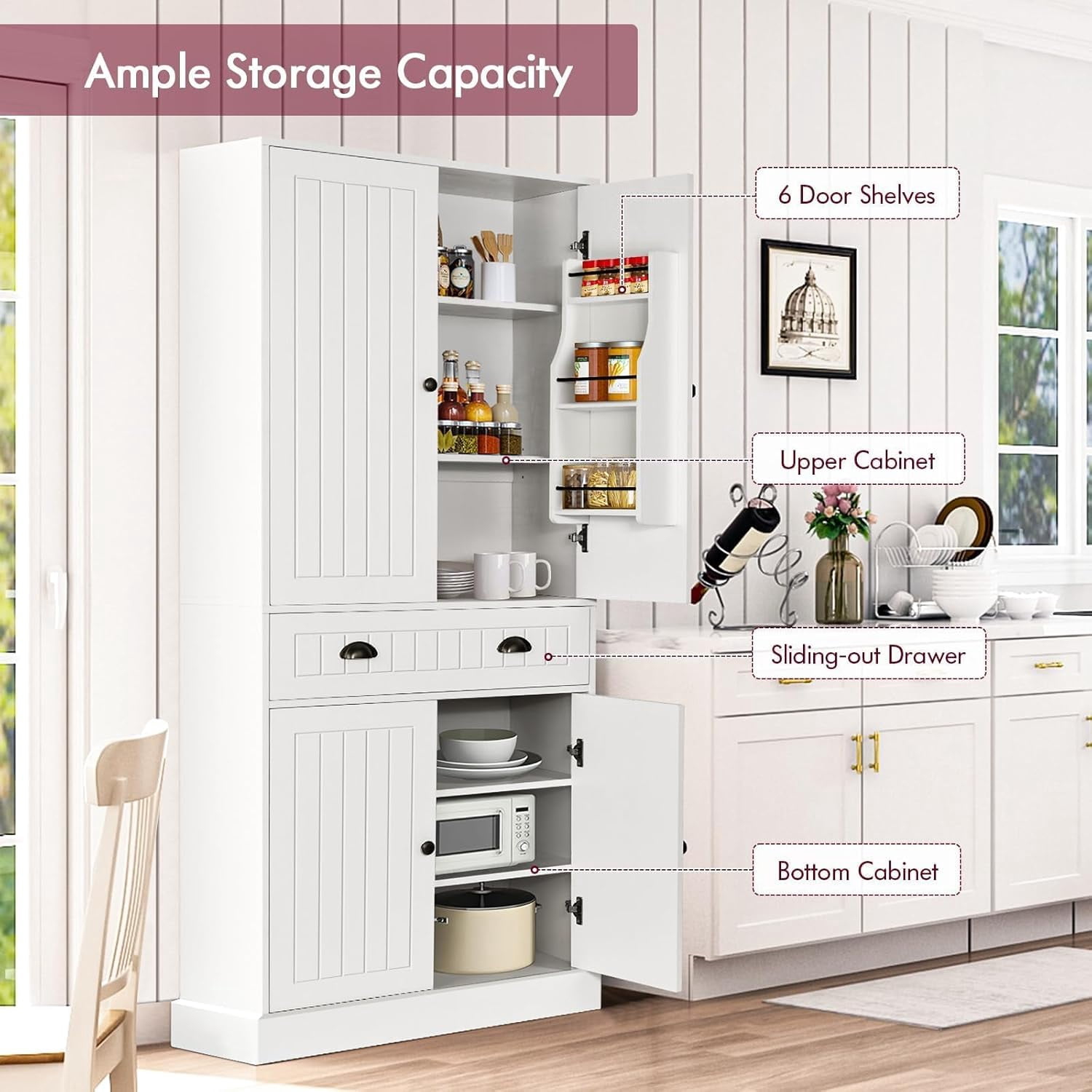 DreamCurship 72" Kitchen Pantry Storage Cabinet, Freestanding Kitchen Storage Cabinet with Door Shelves, White