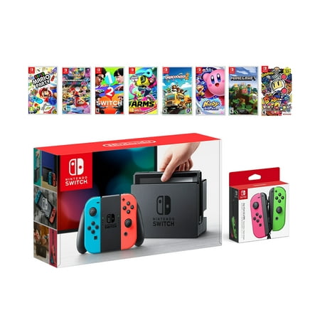 Nintendo Switch Red/Blue Joy-Con Console, Neon Pink/Neon Green Joy-Con, Super Mario Party, Mario Kart 8 Deluxe, 1-2 Switch, Arms, Overcooked! 2, Kirby Star Allies, Minecraft, Super Bomberman (Best Way To Start Minecraft)