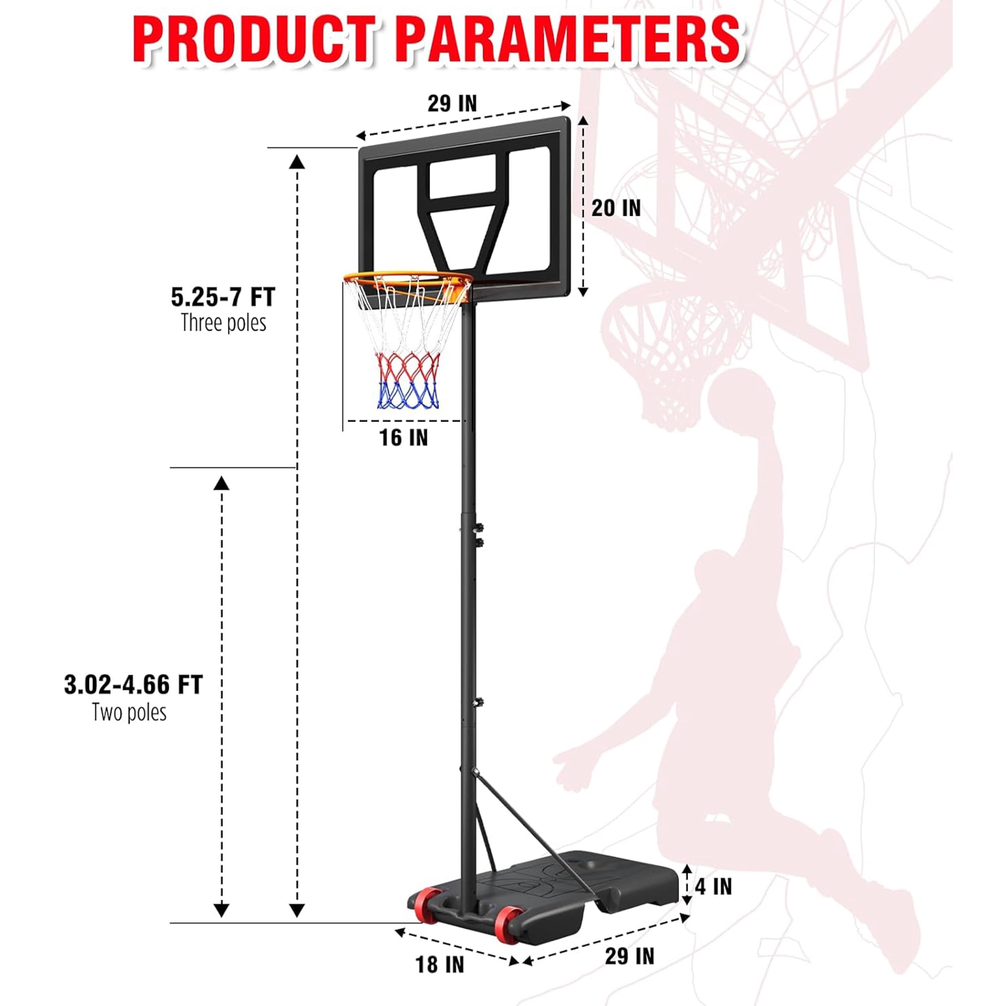 Toremore 29In. Portable Basketball Hoop, Outdoor 3-7 FT Height Adjustable Basketball Goal System with Shatterproof Backboard for Kids Youth Teens in Backyard/Driveway/Indoor