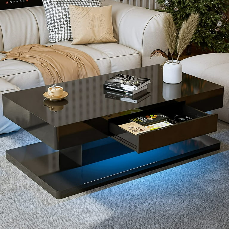 IKIFLY Modern LED Coffee Table with Drawer Black High Glossy