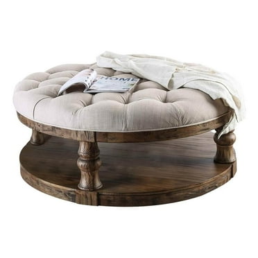 Bowery Hill Rustic Wood Round Tufted Coffee Table in Antique Oak