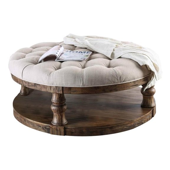 Bowery Hill Rustic Wood Round Tufted Coffee Table in Antique Oak