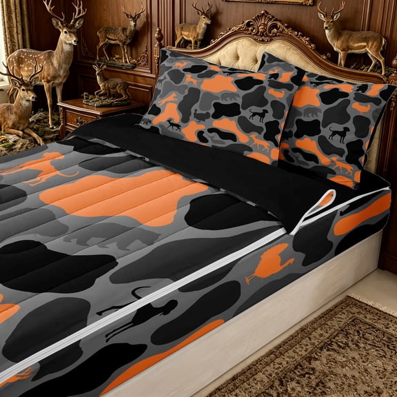 Erosebridal Grat Orange Camo Zipper Twin Comforter Sets with Fitted Sheet and 2 Pillowcases for Boys Men, Wildlife Silhouette Print Zipper Bedding Set, Black Reversible, 4-Piece