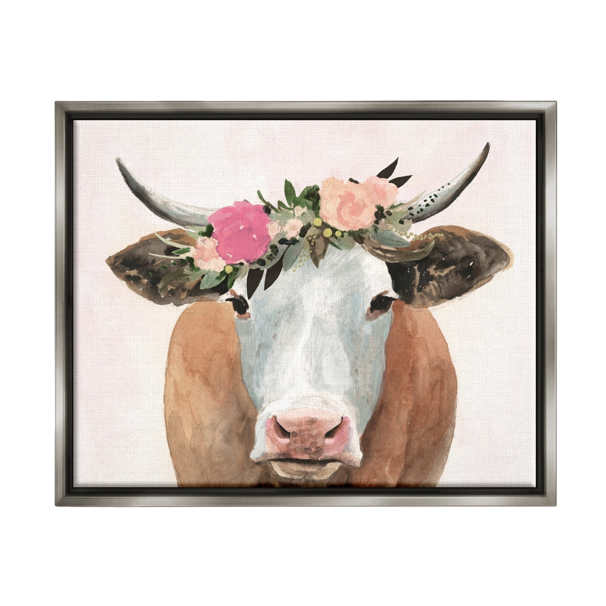 Stupell Industries Springtime Flower Crown Farm Cow with Horns Luster Gray Framed Floating Canvas Wall Art, 24x30, by Victoria Borges