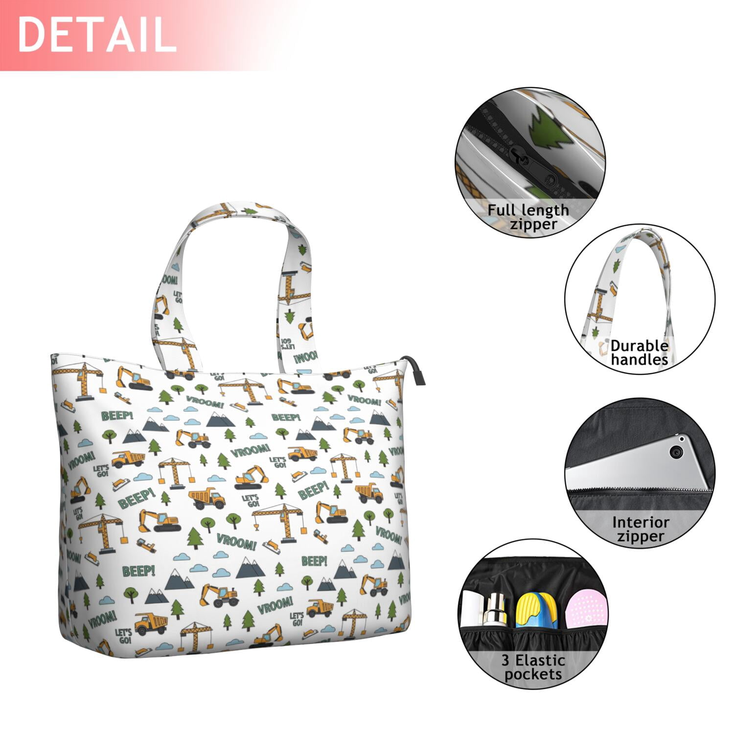 Cartoon Construction Vehicles Trees White Pattern Travel Tote Bags for Women Carry On,Large Weekender Bags for Women Travel,Multi Functional Duffle Bag for Work,Shopping,Sports