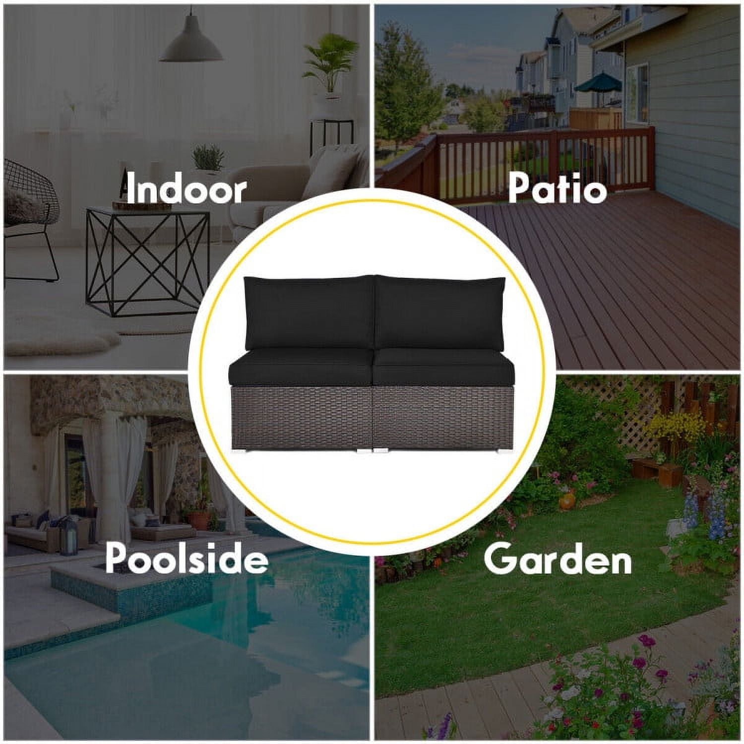 Aimee Lii 2 Pieces Patio Rattan Armless Sofa Set with 2 Cushions and 2 Pillows, Outdoor Patio Set, Black