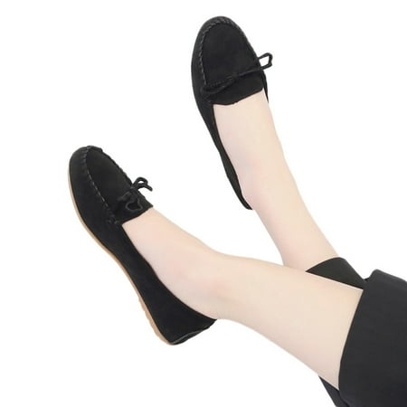 

f21 Leisure Women Round Toe Suede Slip-On Shoes Flat Single Shoes Casual Shoes Women Loafers And Slip On Shoes with knot Size 8 Black Wide