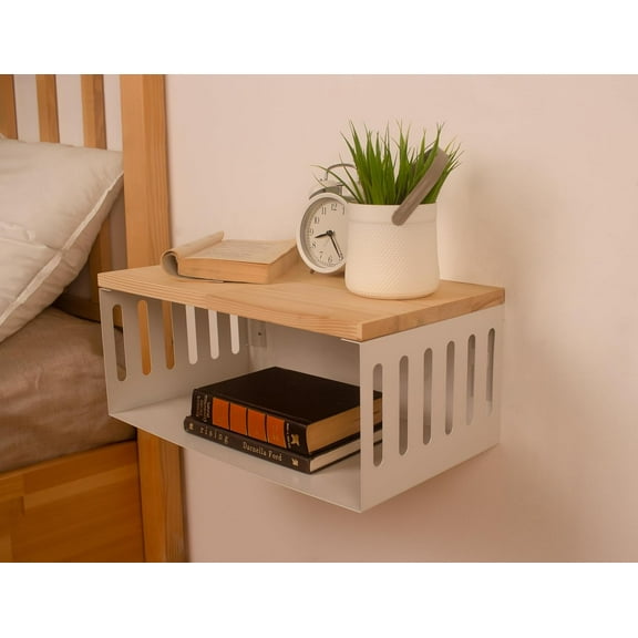 Floating Nightstand with White Metal Base, Wooden Top and Sturdy Metal Base, Minimalist Bedside Table, Wall Mounted Shelf, Bedside Shelf (NATURAL)