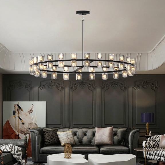 Keepoman 48inch Chandelier Ceiling Pendant Light Fixtures with Luxury Crystal and Decorative Lights Simple LED Lighting for Living Room, Dining Room, Home Decor, Black (Bulbs Included)