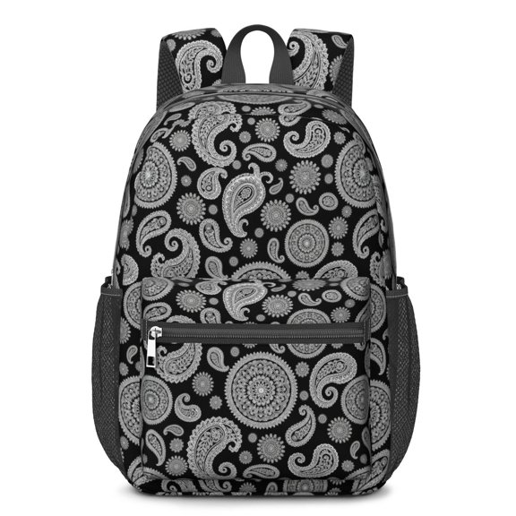 Paisley and Damask Black Pattern 17" Waterproof Oxford School Backpacks for Teens, S-Shape Padded Straps, for School, Travel, Hiking, Camping