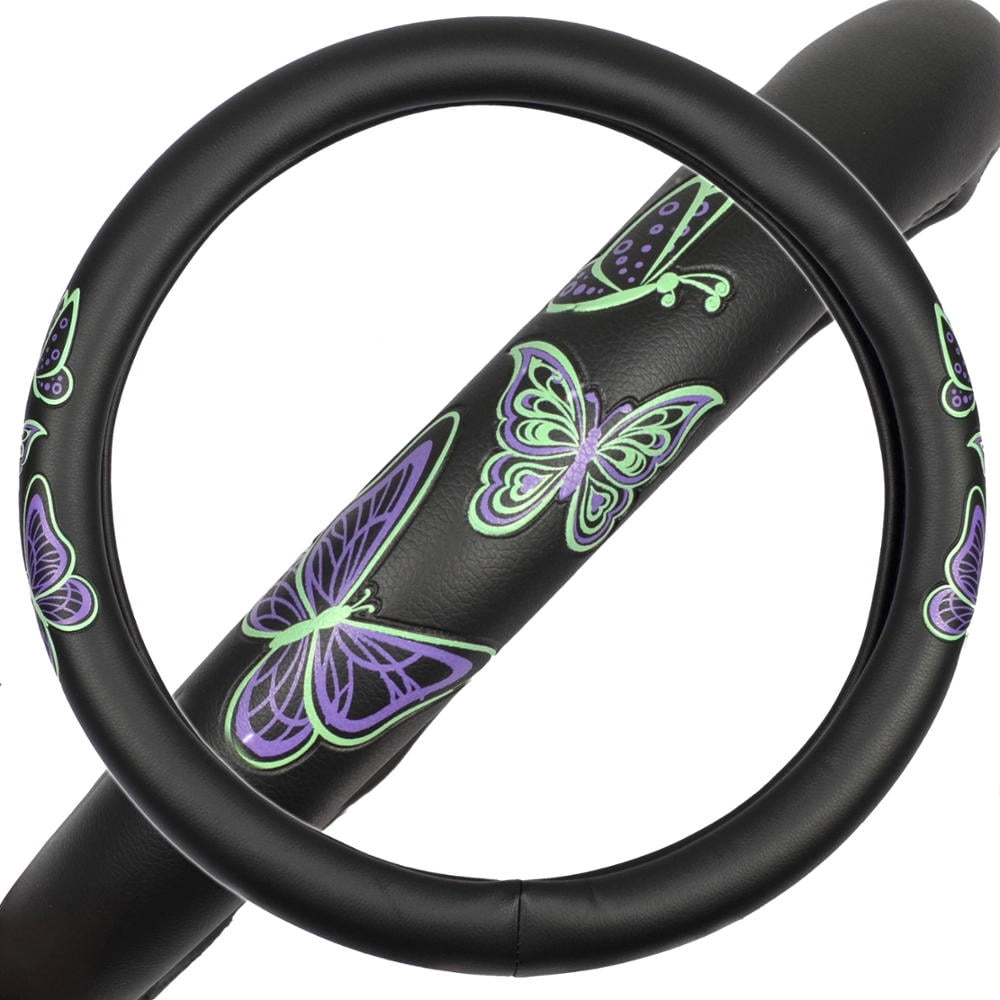 BDK GripGrab Comfort Grip - Purple & Green Butterflies on Black Synthetic Leather Steering Wheel Cover 15 inch