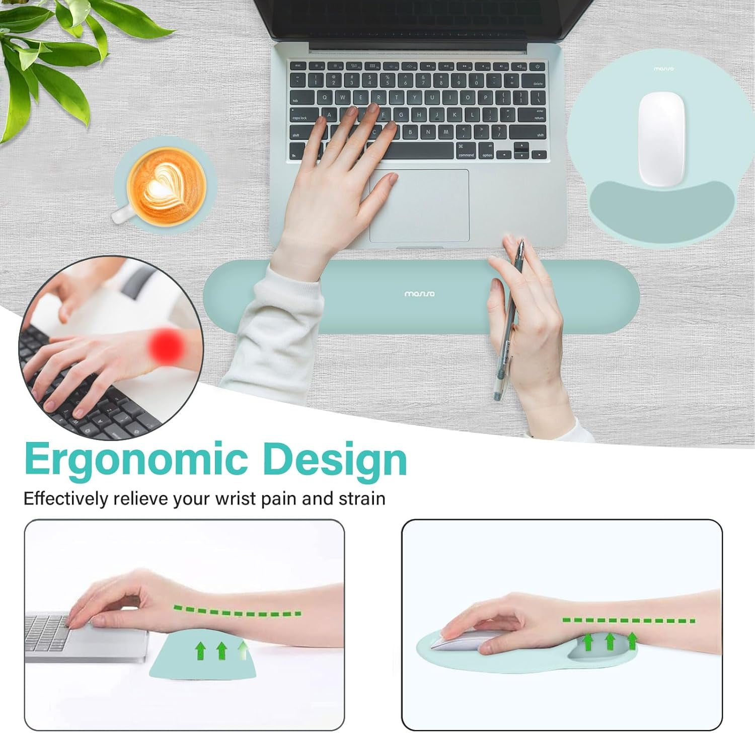 MOSISO Wrist Rest Support for Mouse Pad&Keyboard Set, Circle Curved Ergonomic Mousepad&Coaster Non-Slip Base Home/Office Pain Relief&Easy Typing Pad with Soft Cloth&Silicone Lining
