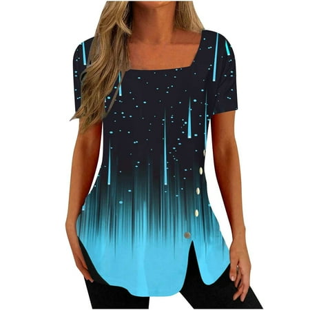 JUUYY Casual Tunic Shirts for Women Cute Floral Printed Short Sleeve Square Neck Graphic Henley Tops Loose Flowy Irregular Button Hem Blouse for Leggings Blue S