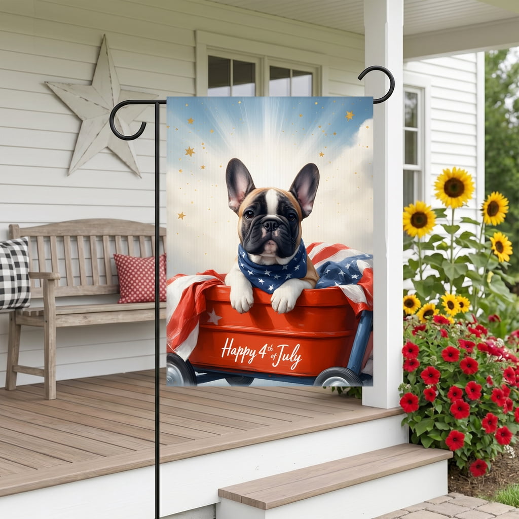 250 years american garden flag A french bulldog sitting in a red wagon with an American flag. Happy 4th July usa 250th anniversary ornament 28x40in House Flag Size patriotic yard decorations