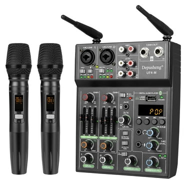 Depusheng UF4-M Professional Portable Equipped with 2 Wireless Microphone 4 Channel DJ Mini Audio Mixer