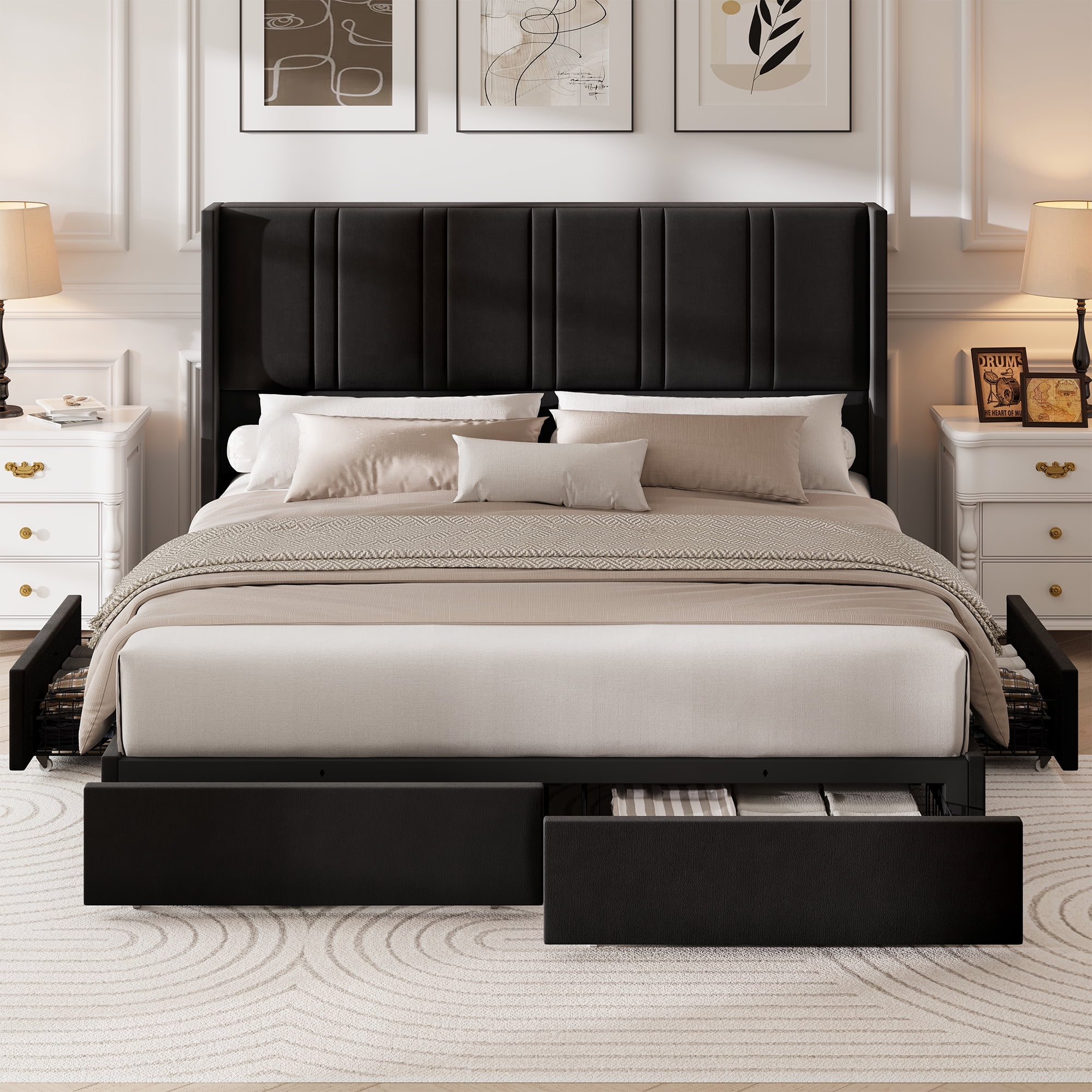 Breltam King Size Upholstered Platform Bed Frame with 4 Storage Drawers and Vertical Linen Wingback Channel Tufted Headboard