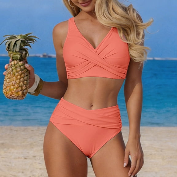 LEKWK High Waisted Swimsuit for Women Tummy Control Two Piece Bikini Set Ruched Cross Front Modest Bathing Suits