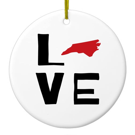 DistinctInk Hanging Ceramic Christmass Tree Ornament with Gold String - Great Gift / Present - 2 3/4 inch diameter - North Carolina - Love Black & Red