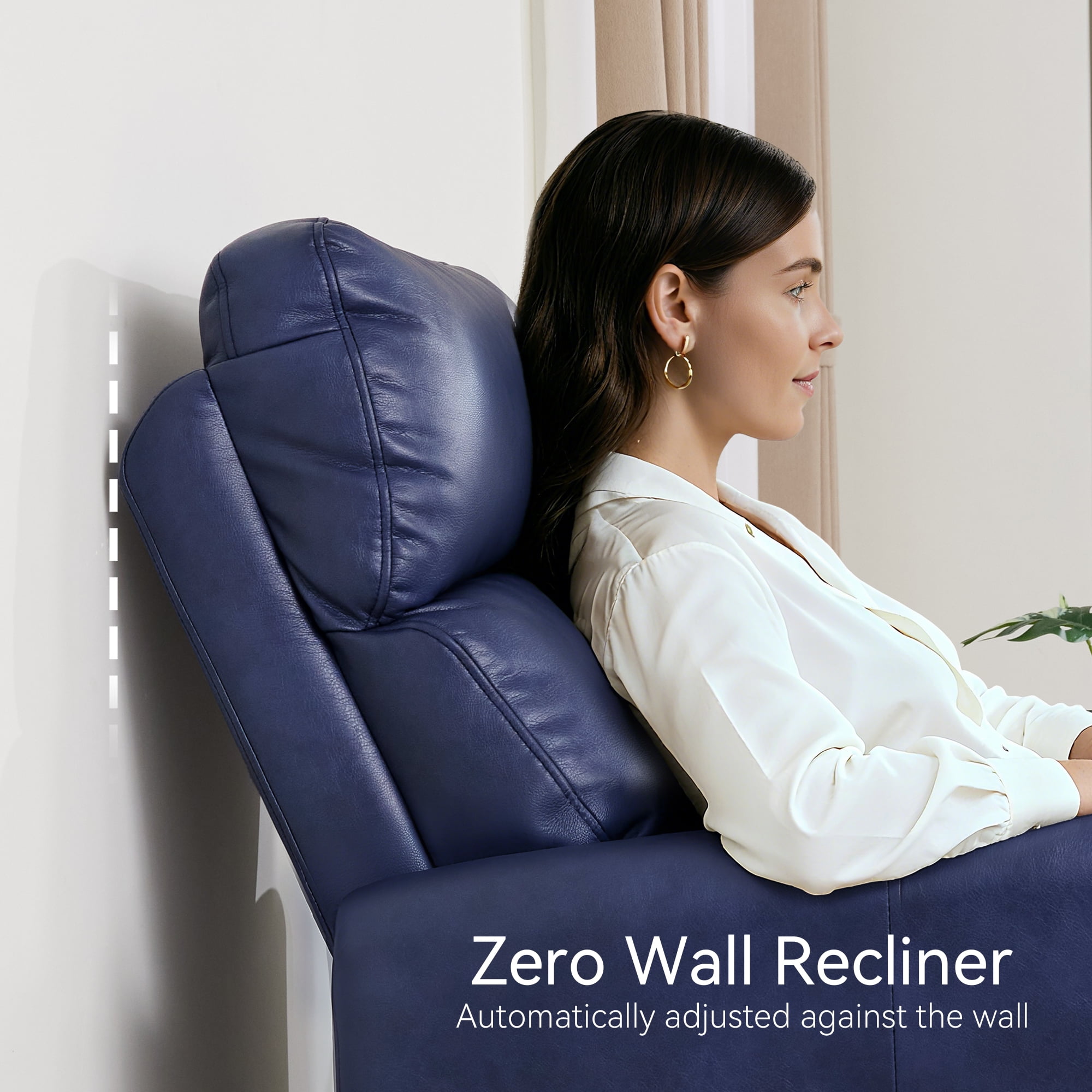MCombo Zero Wall Hugger Power Recliner Chair for Small Spaces, FSC Certified, Faux Leather, Navy Blue