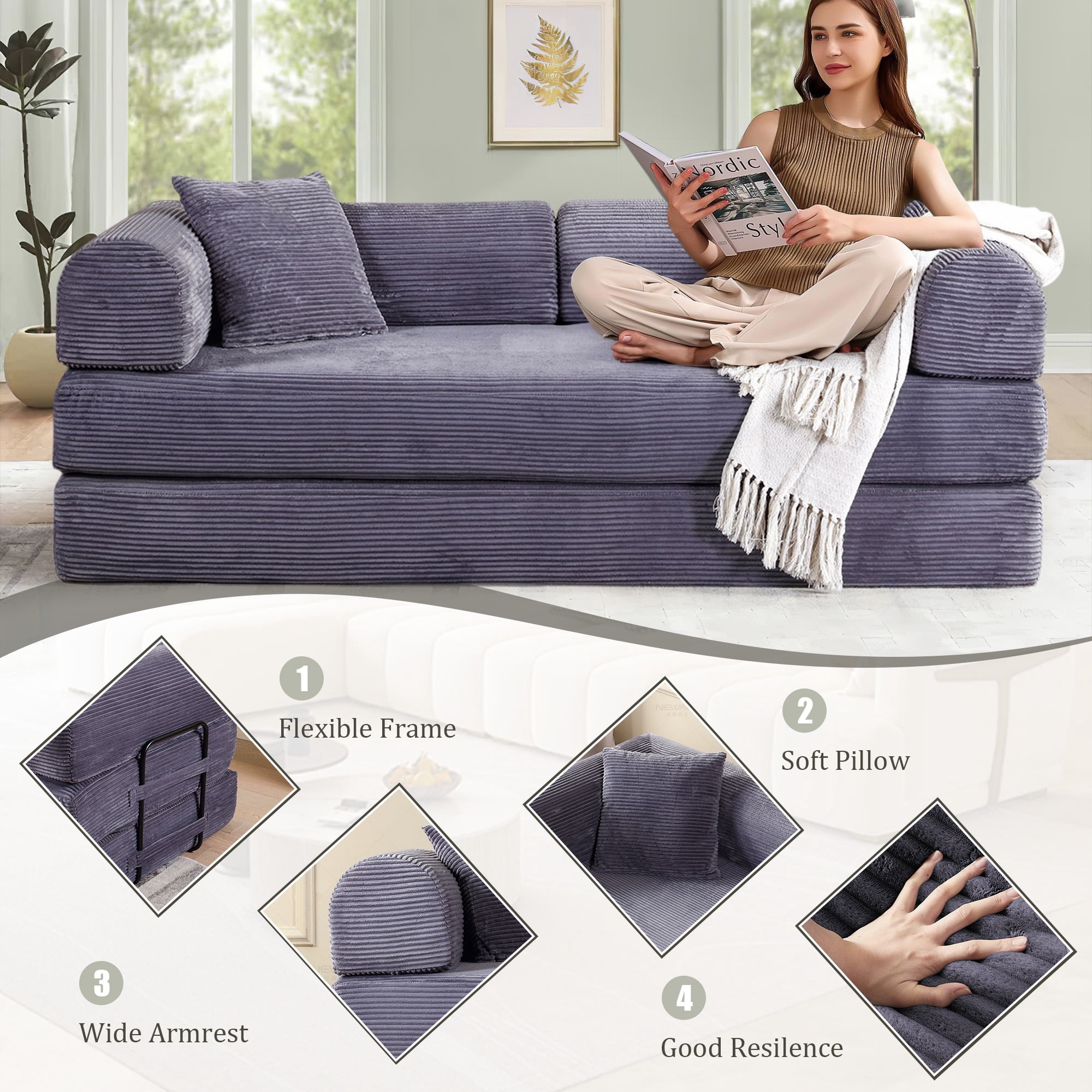 Timbernest Convertible Sleeper Sofa Bed 78" Folding Sofa Bed with 2 Pillows 3-Seat Floor Sofa for Living Room, No Assembly, Gray