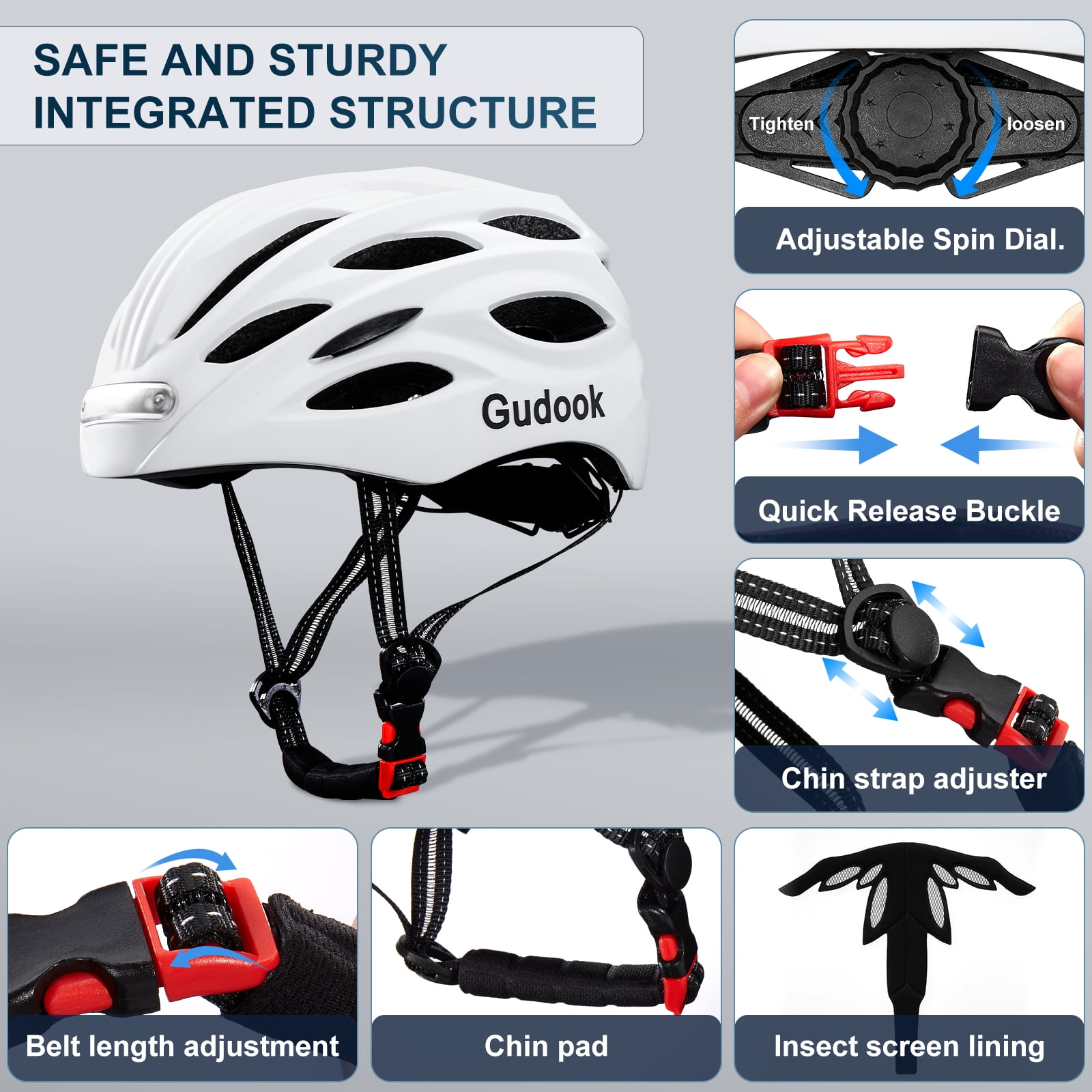 GUDOOK Bike Helmet Adult Bike Helmets for Men/Women:  USB Rechargeable LED Front and Rear Lights for Cycling Urban Commuter Skateboard