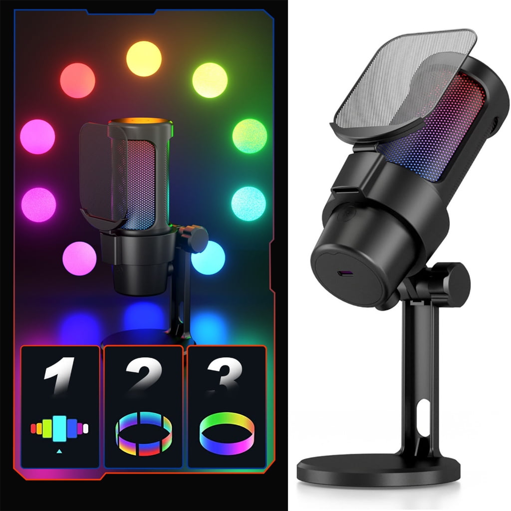 USB C Microphone 192kHz/24Bit for PC Color LED Lights with Noise Reduction for Gaming and Recording Solid Base