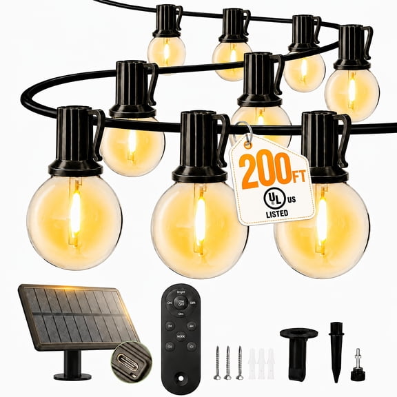 200FT Solar String Lights Outdoor with Remote Control, IP65 Waterproof LED Shatterproof G40, USB & Solar Powered
