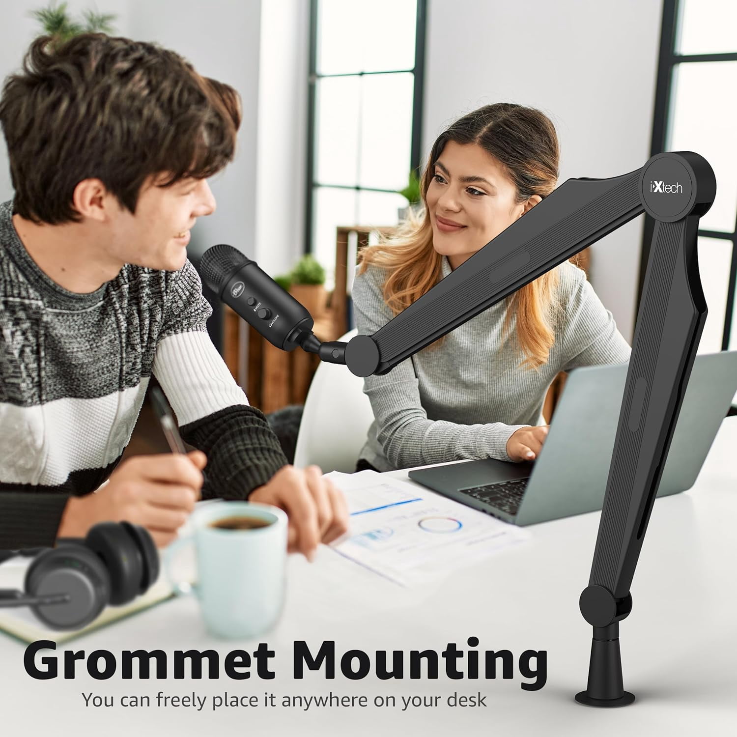IXTECH Mic Boom Arm Microphone Arm for Blue Yeti Shure Sm7b Hyperx QuadCast Rode At2020 and Fifine Upgraded Mic Stand with Tablet and Headphone Holder for Gaming Podcasting and Streaming CAPTAIN PRO