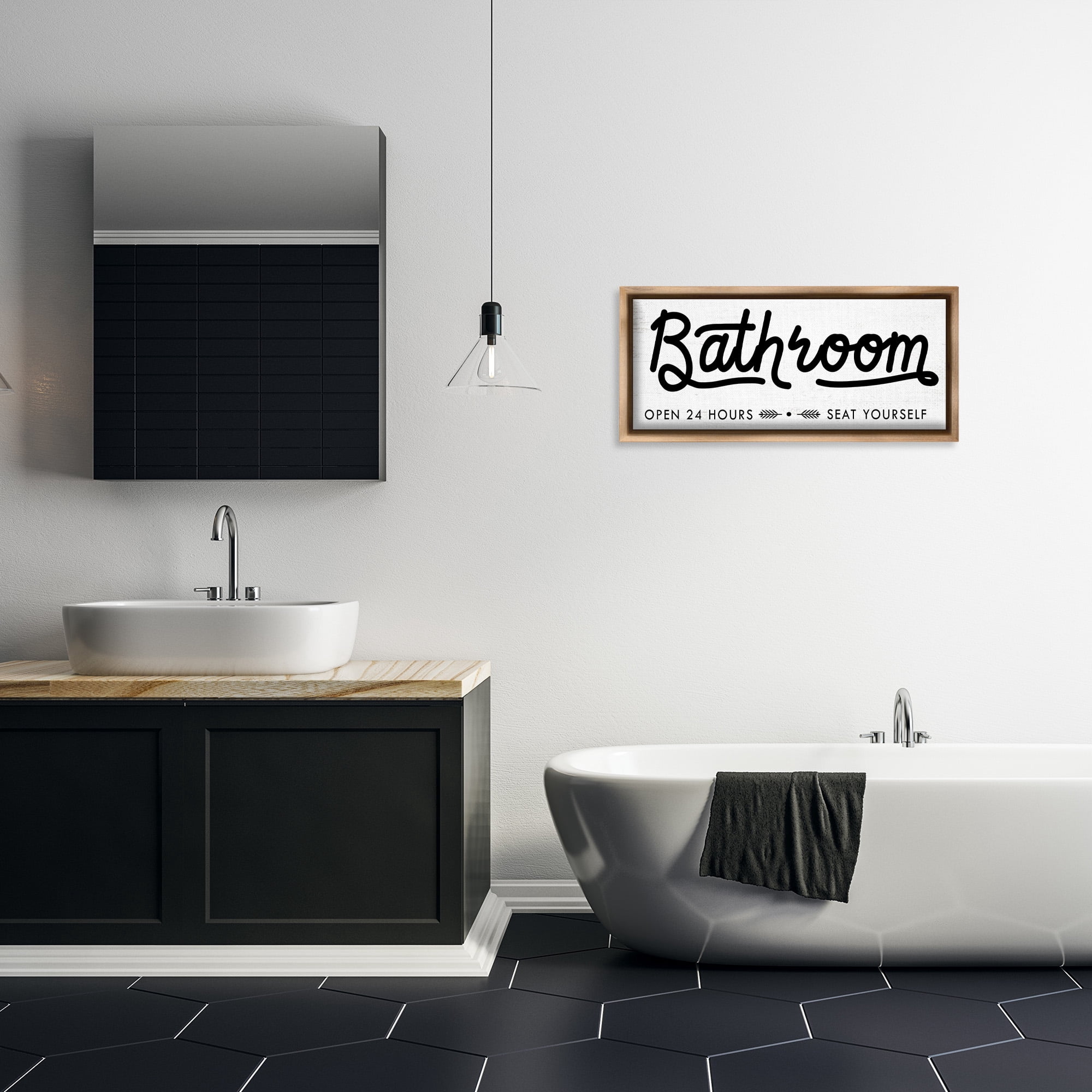 Stupell Industries Seat Yourself Bathroom Sign Typography Painting Brown Floater Framed Canvas Art Print Wall Art, 31 x 14