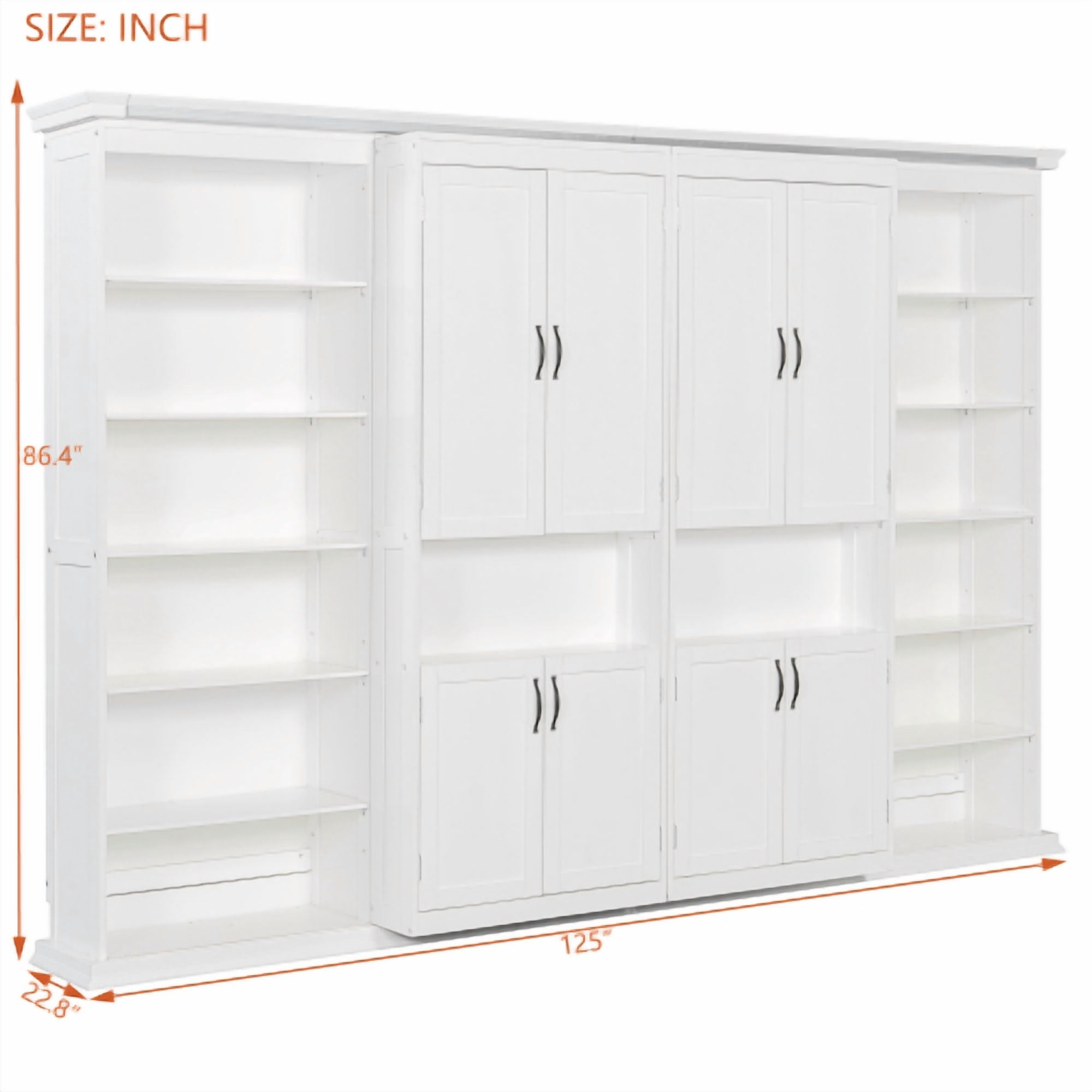 Full-Size Murphy Bed with 2 Sliding Cabinets and 12 Open Shelves, Hydraulic Hidden Wall Bed System, Space-Saving Design for Modern Homes, White