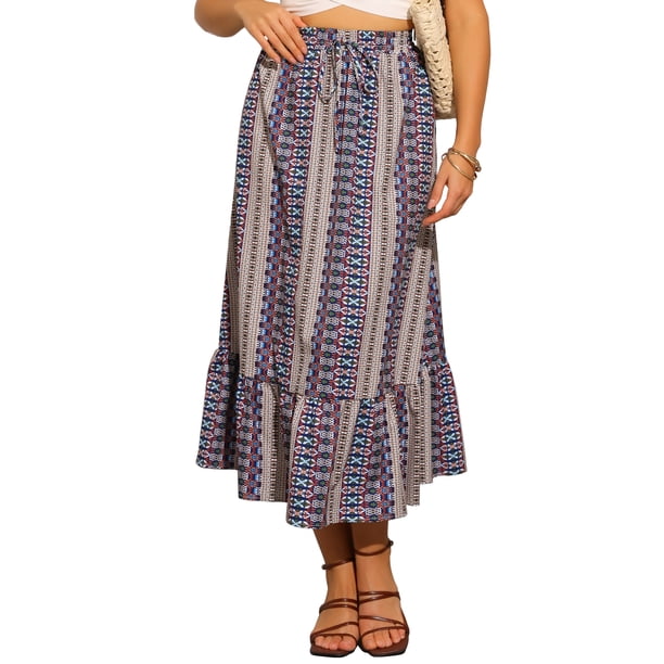 Falda midi impresa de verano bohemia para mujer, con cintura alta elástica, estilo A, talla XL, azul oscuro